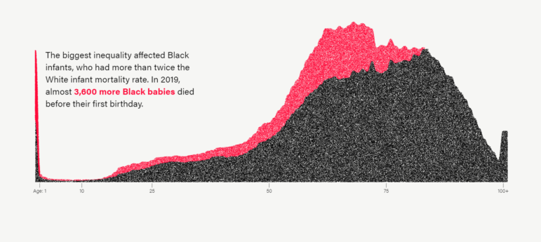 Ölümlülük farkıyla ilgili Marshall Projesi araştırması, Amerika Birleşik Devletleri'nde Siyahların neredeyse her yaşta Beyazlardan daha yüksek oranda öldüğünü buldu. Resim: Ekran görüntüsü