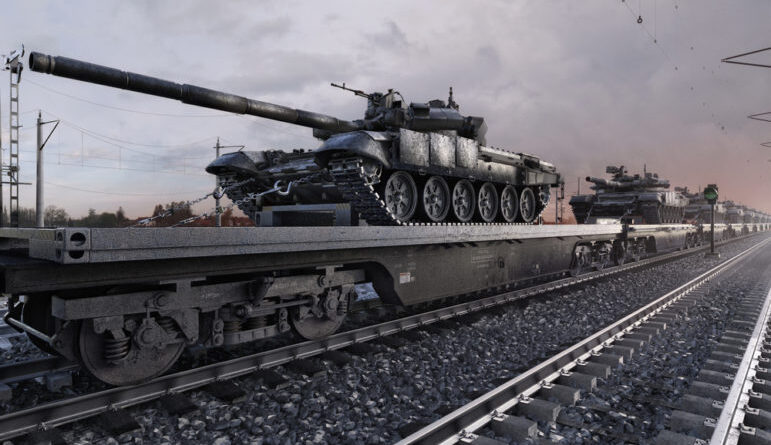 Ukrayna sınırı boyunca tren raylarında duran Rus tankları. Resim: Shutterstock